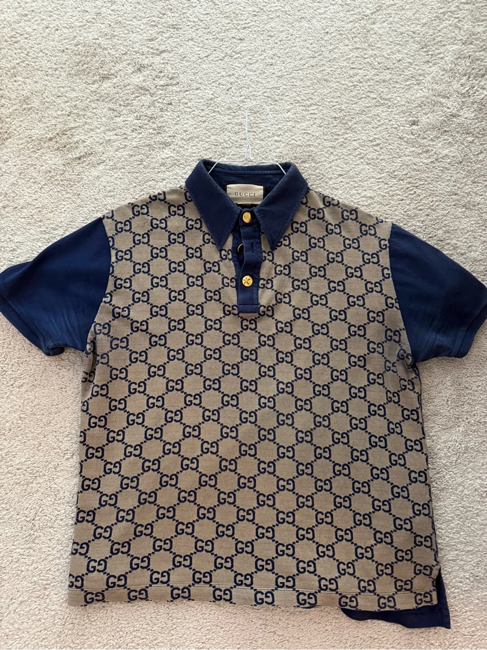 Gucci Beige GG Monogram Polo with Navy Collar & Sleeves